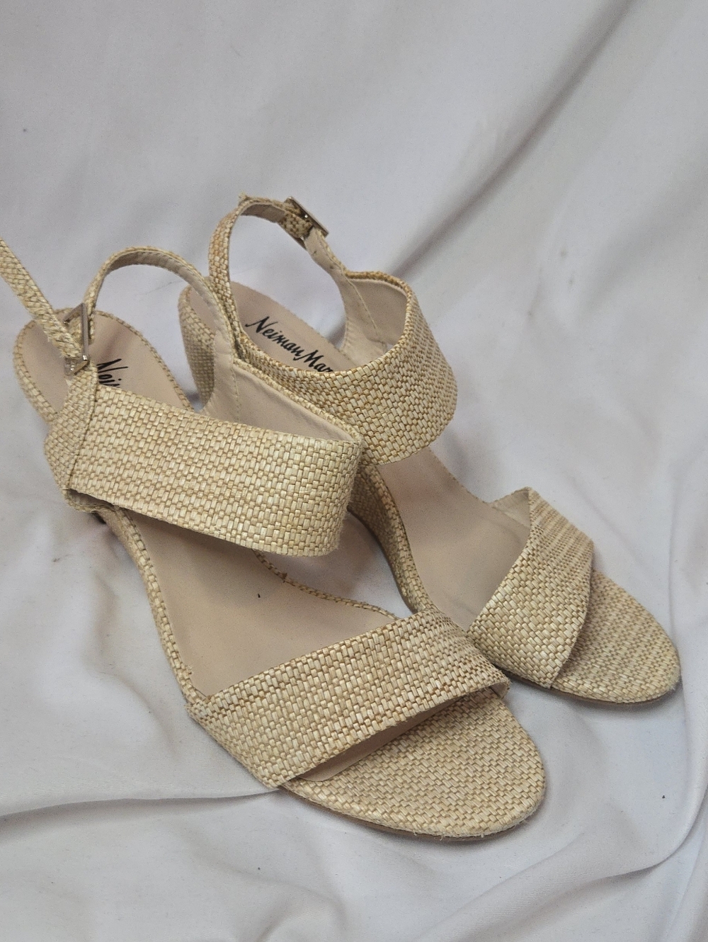Neiman Marcus Natural Woven Slingback Wedge Open Toe Sandals Women's 39/8-8.5